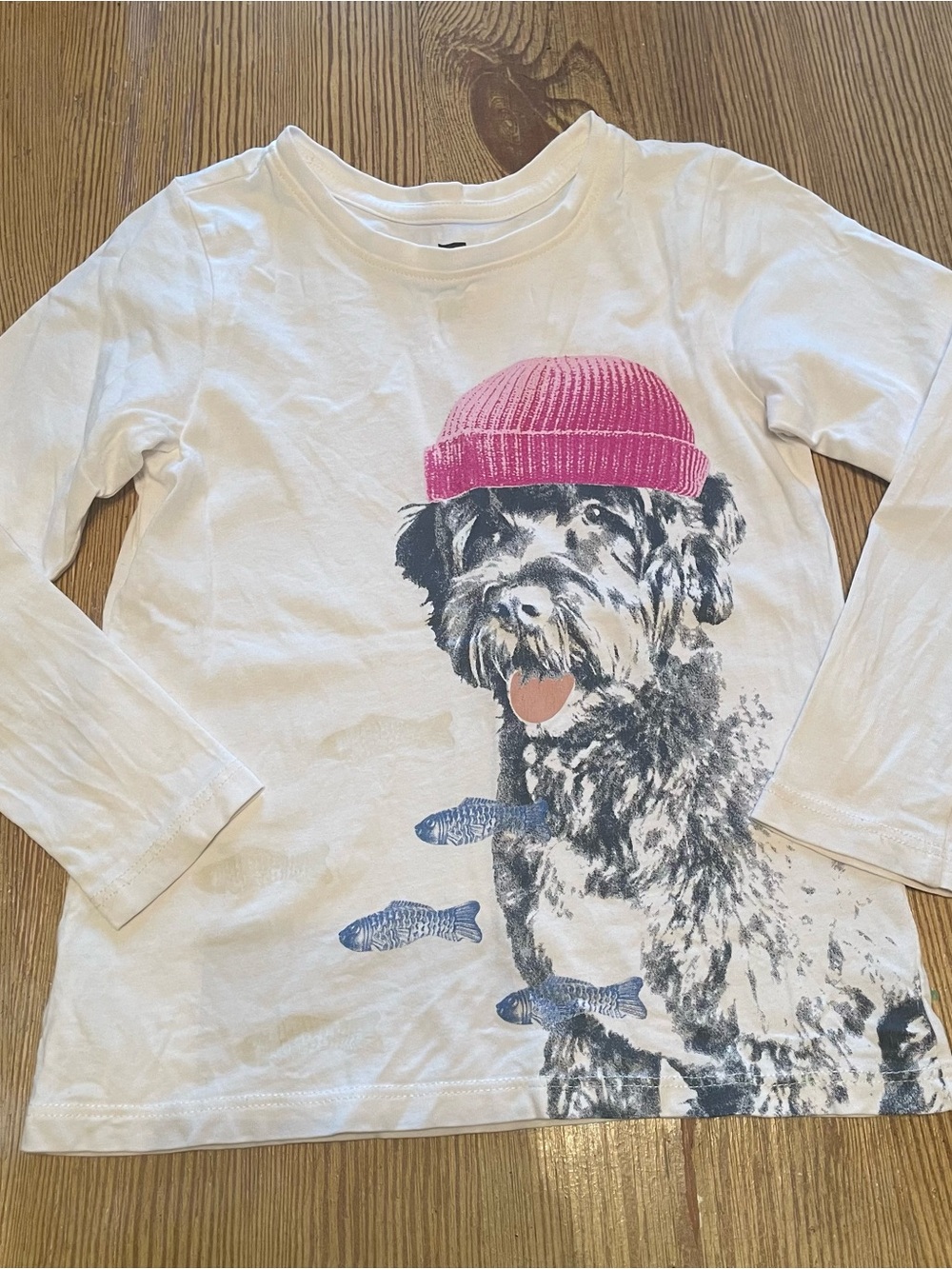 Tea Collection Kids Long-Sleeve White Tee with Pink Beanie Dog Graphic fish